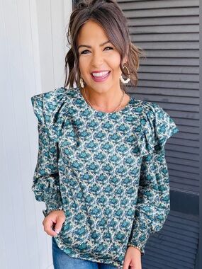 Entro Teal Green Abstract Print Ruffle Shoulder Top